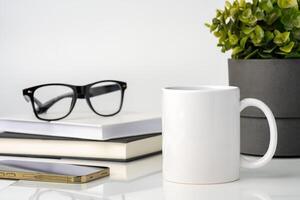 Coffee mug on white office table mock up photo