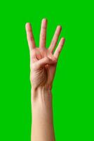 Close-Up of a Hand Gesturing Four Against a Green Background photo