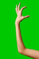 A womans hand extends upward into the air, fingers outstretched, reaching upward towards an unseen destination. photo