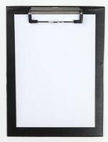 Classic clipboard with blank white paper on isolated background photo