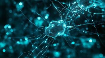 Microscopic view of neurons interacting in a vibrant blue network showcasing neural activity in a digital representation photo