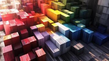 Colorful abstract arrangement of cubes in a gradient pattern, illuminated by natural light, creating a vibrant visual experience photo