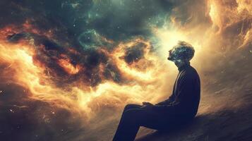 A contemplative figure gazes into the cosmic realm, exploring the mysteries of the universe in a dreamlike atmosphere photo
