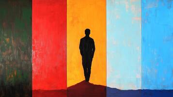 A silhouette stands against a vibrant backdrop of colorful vertical panels in an artistic studio setting photo