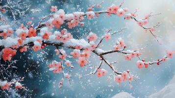 Cherry blossom branches covered in snow during winter, creating a serene and beautiful contrast in a tranquil landscape photo