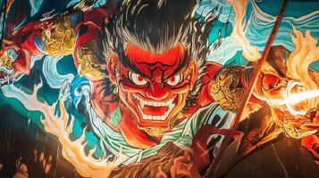 Vibrant mural showcasing an intense warrior bursting with energy, depicting strength and passion in a dynamic urban setting photo