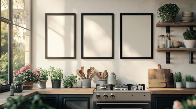 brillante cocina interior presentando vacío marcos, Cocinando utensilios, y en conserva plantas durante tiempo de día con natural ligero transmisión en foto
