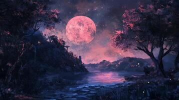 A serene lakeside landscape under a luminous pink moon during twilight with trees and reflections in the water photo