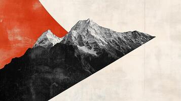 A striking blend of modern design featuring a mountain landscape with a bold red sun against a minimalistic background photo