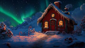 A cozy red cabin illuminated by the aurora borealis in a winter landscape with candy canes by the pathway at night photo