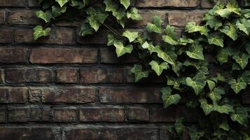 Green ivy climbing a weathered brick wall in a tranquil, urban setting during the afternoon sunlight photo