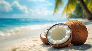 Fresh coconuts on a sandy beach with turquoise ocean waves and palm trees under a sunny sky photo