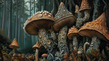 Mushrooms thrive in a mystical forest, showcasing vibrant colors and intricate patterns beneath the towering trees in a serene setting photo