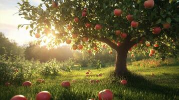 Sunlight filters through an apple tree laden with ripe fruit in a serene orchard during the golden hour of late afternoon photo