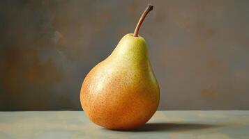 A ripe pear with a smooth texture placed on a neutral background during a soft, ambient light setting photo