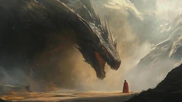 A lone figure in a red cloak stands before a massive dragon in a dramatic landscape under a cloudy sky at dusk photo