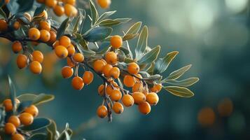 Orange berries clustered on a green branch in a lush natural setting during daylight hours photo