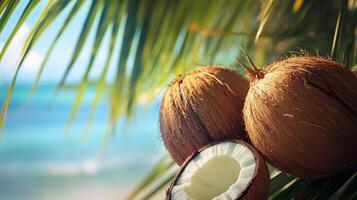 Fresh coconuts resting on a palm tree branch near a serene beach during a sunny day photo