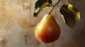A ripe pear hangs from a branch against a textured background, showcasing its vibrant color and natural sheen photo
