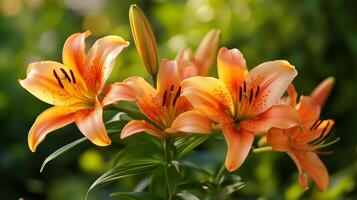 Beautiful orange lilies blooming in a vibrant garden during a sunny day photo