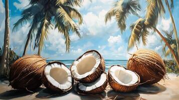Coconuts rest on sandy beach with palm trees and calm ocean under a sunny sky on a tranquil day photo