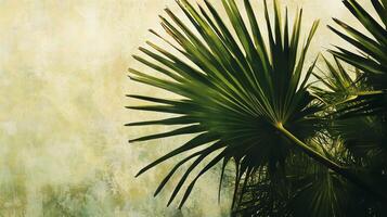 Lush green palm leaves reaching towards the sky against a textured, soft yellow background in a serene, tropical setting photo