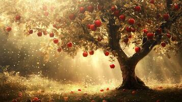 A serene apple tree bathed in golden sunlight with ripe red apples in a tranquil orchard during early autumn photo