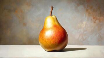 A realistic painting of a pear on a light surface with a soft gradient background showcasing artistic mastery in still life photo