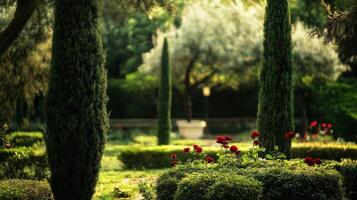A peaceful garden with neatly trimmed hedges, vibrant roses, and tall cypress trees illuminated by soft sunlight in a tranquil setting photo