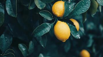 Fresh lemons hanging on a tree branch after a light rain in a lush garden during late afternoon photo