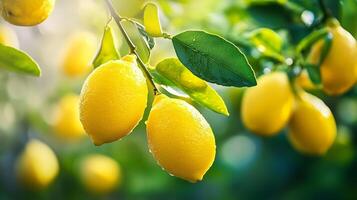 Lush lemon tree branches laden with ripe lemons bask in warm sunlight during a tranquil summer afternoon photo
