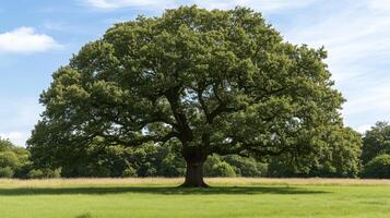 A majestic oak tree stands alone in a lush green field under a bright blue sky on a sunny afternoon photo