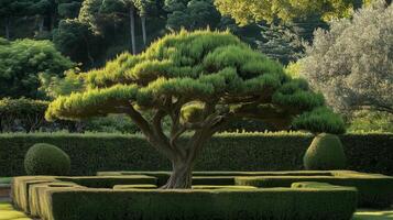 Lush, manicured garden featuring a unique evergreen tree surrounded by neatly trimmed hedges in a serene outdoor setting photo