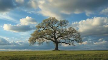 Majestic solitary tree under a vast sky with fluffy clouds in an open field during a serene afternoon photo
