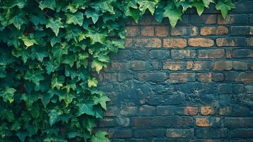Lush green ivy cascading over a weathered brick wall in a serene outdoor garden setting during the afternoon photo