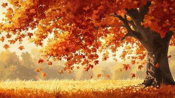 Autumn trees with vibrant orange leaves in a sunlit field during golden hour photo
