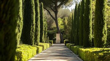 A serene garden pathway lined with tall cypress trees during the golden hour in a peaceful setting photo