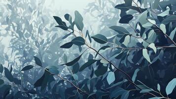 Lush green foliage illuminated by soft sunlight in a tranquil forest setting during early morning hours photo