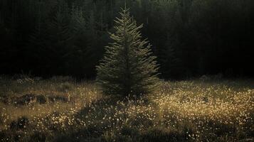 A lone evergreen tree stands in a sunlit meadow surrounded by tall grass and blooming wildflowers at dusk in a quiet forest setting photo