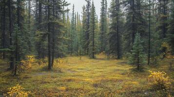 A serene autumn landscape in a lush forest with vibrant yellow foliage and tall green pine trees under a cloudy sky photo
