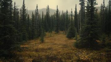 A serene forest landscape with tall evergreens and a misty atmosphere during early morning in a tranquil wilderness setting photo