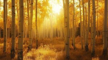 Golden sunlight filters through a forest of aspen trees in autumn, creating a serene atmosphere in the wilderness photo