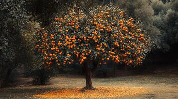 A vibrant orange tree laden with fruit in a tranquil orchard during the afternoon light, surrounded by lush greenery and soft shadows photo