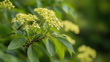 A close-up view of delicate green flowers blooming on a bush in a lush garden during late spring photo