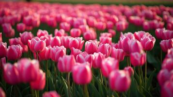 A vibrant field of pink tulips blooming in spring under clear skies at a local garden during sunset photo