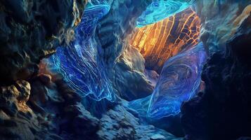 Stunning glow of bioluminescent waves within a rocky cave illuminated by golden light in a surreal landscape photo