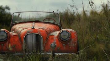 An abandoned vintage car rusts in a grassy field under a cloudy sky, evoking nostalgia and the passage of time photo