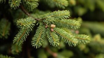 Close-up of evergreen tree branches with new growth, captured in a forest during late spring season photo