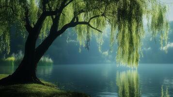 A tranquil willow tree gracefully leans over a calm lake surrounded by misty greenery during early morning hours photo