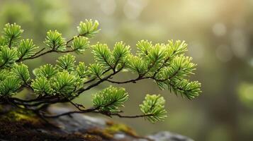 Lush green pine branches thrive in a sunlit forest, showcasing new growth and nature's vibrant colors during a serene morning photo
